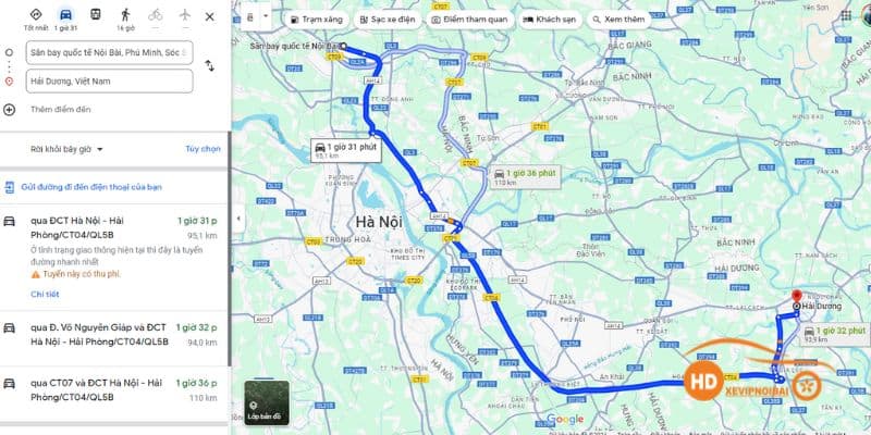 Hải Dương đi sân bay Nội Bài với khoảng cách trên 80km tùy từng địa điểm